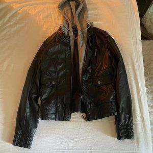 New York (Yoki Collection) Black Pleather jacket w/ attached grey sweatshirt